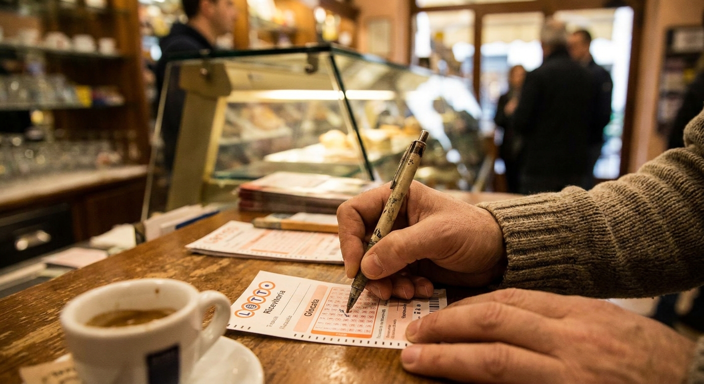 Scheda del Lotto con numeri compilati su una superficie in legno