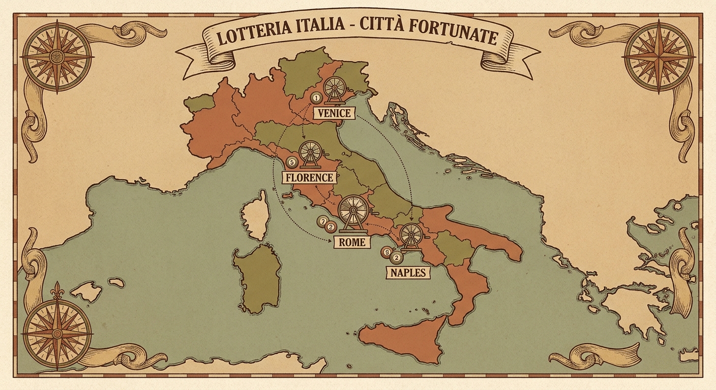 Mappa d'Italia con le undici citta delle ruote del Lotto evidenziate