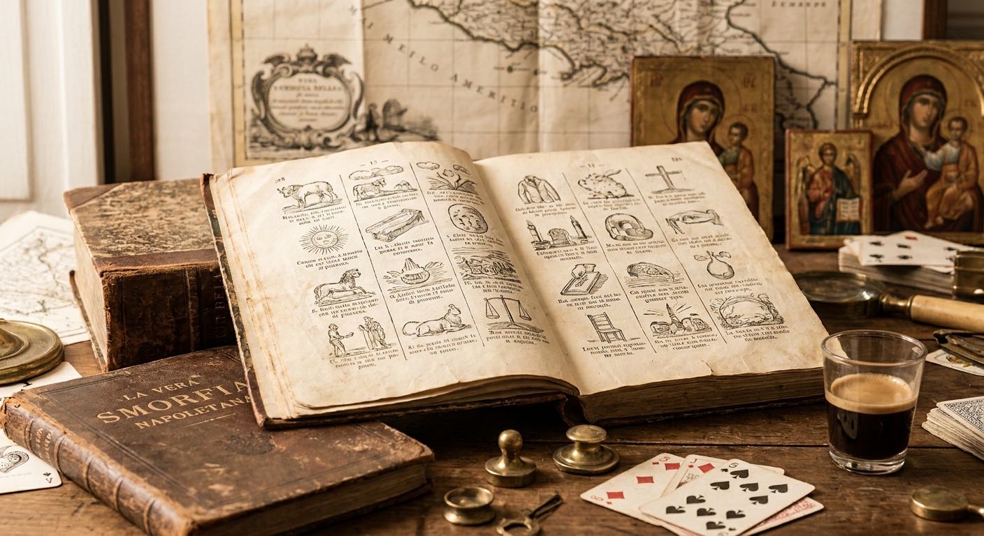 Antico libro della Smorfia napoletana aperto su una pagina con illustrazioni e numeri