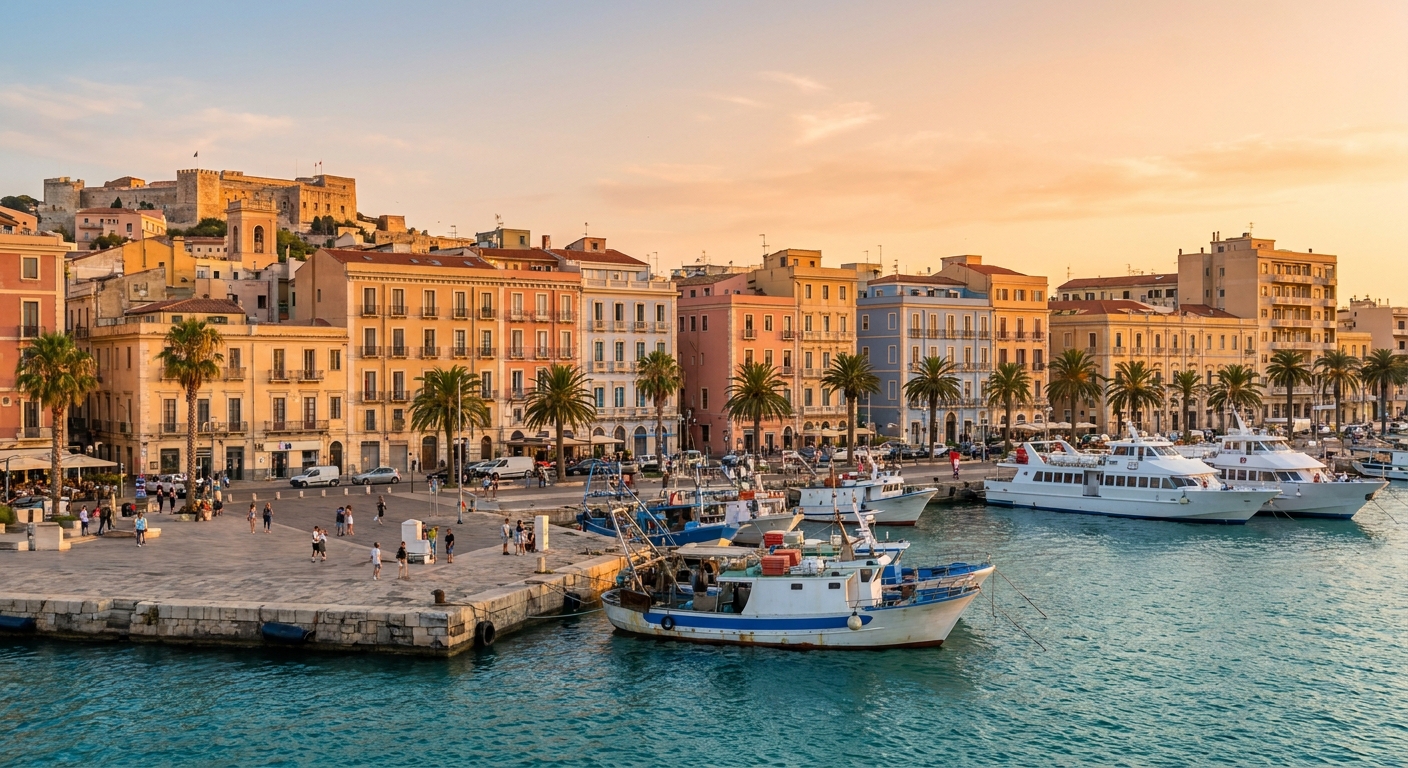 Vista panoramica di Cagliari con il porto e le colline della citta
