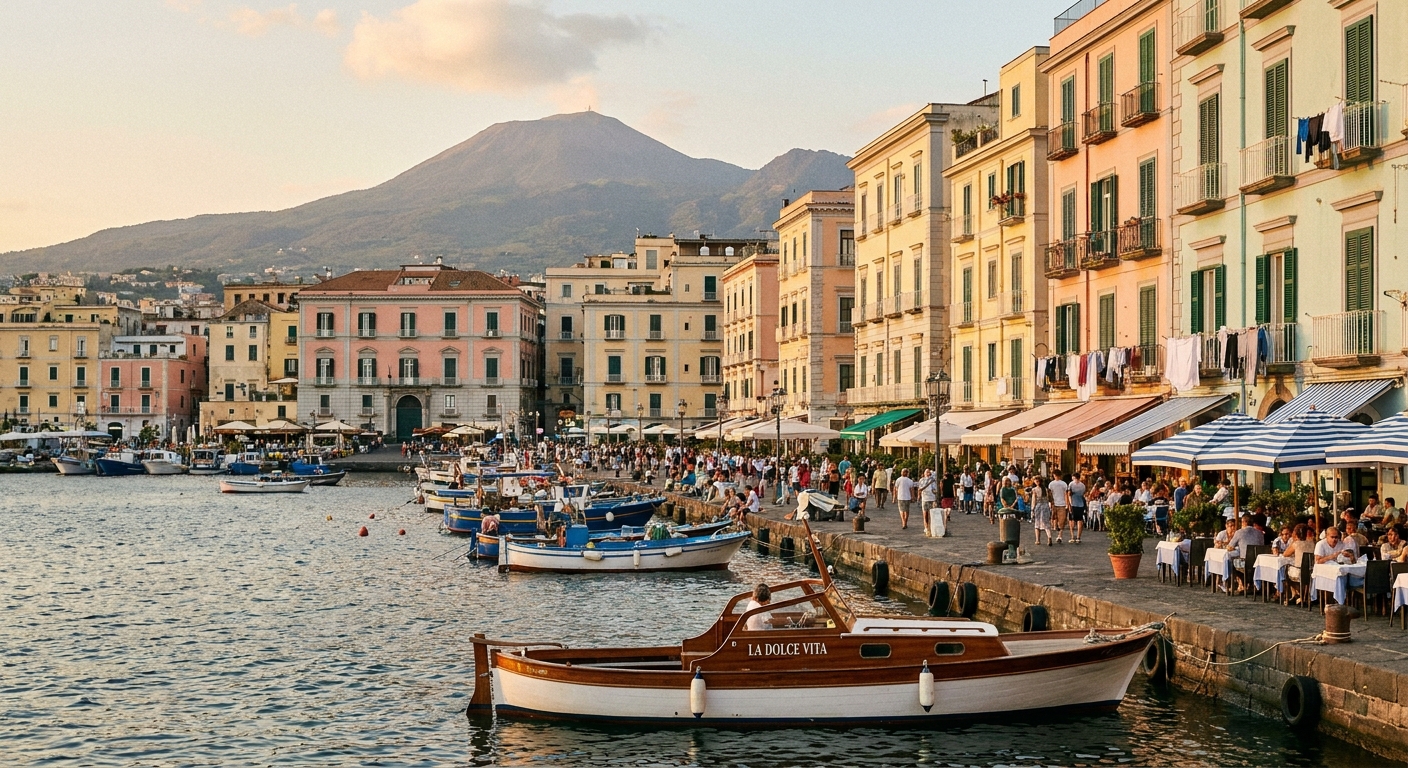 Veduta del Vesuvio e del golfo di Napoli al tramonto