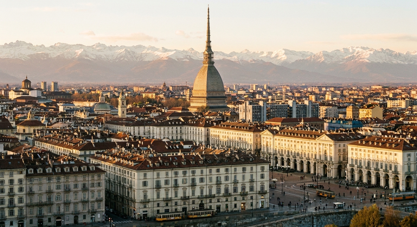 La Mole Antonelliana di Torino al tramonto con le Alpi sullo sfondo